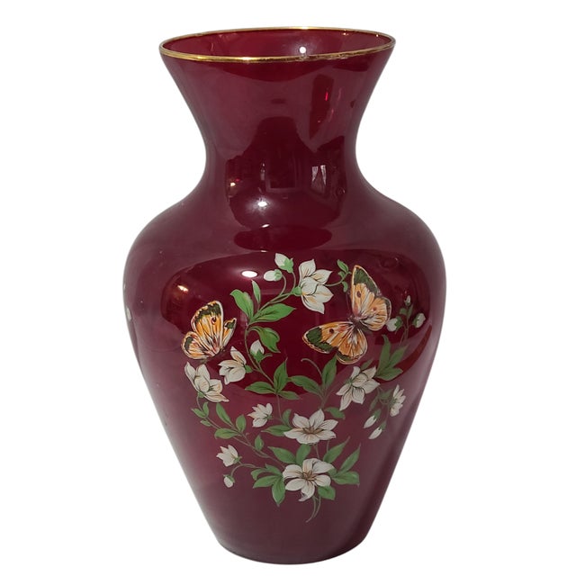 Vintage Italian Red Cranberry Glass Painted Butterfly Floral Vase For Sale - Image 6 of 6