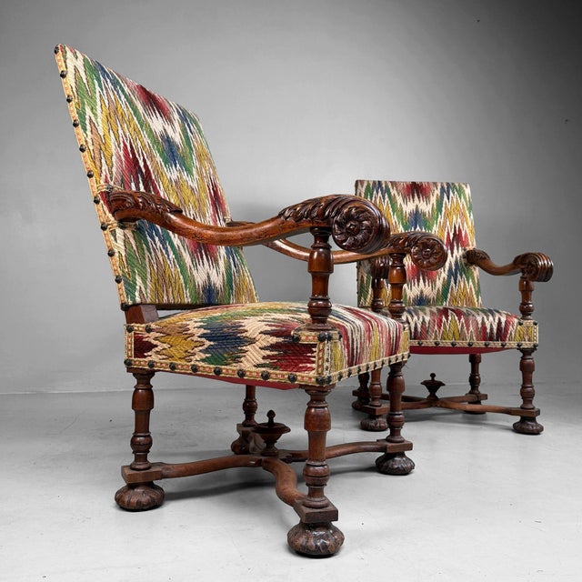 Mid-Century Modern Antique Armchairs in Walnut with Ikat Pattern, Late 19th Century, Set of 2 For Sale - Image 3 of 18