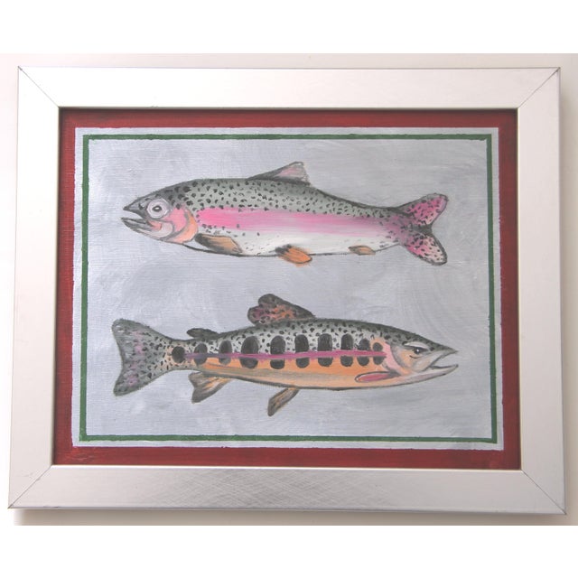 Two sea creatures/ fish, a golden trout and rainbow trout in a double border in crimson and forest green. In shades of...