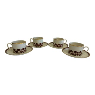 Vintage Pickard Ensemble Burgundy Gold Cups & Saucers - 8 pcs For Sale