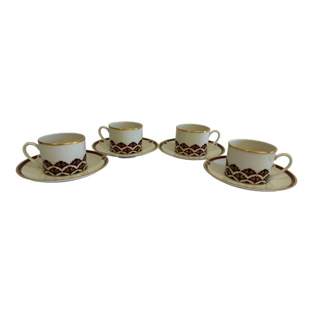 Vintage Pickard Ensemble Burgundy Gold Cups & Saucers - 8 pcs For Sale