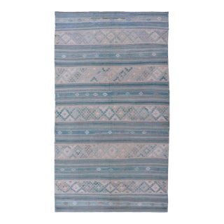 Turkish Flat-Weave Kilim in Soft Colors With Stripes and Embroideries For Sale