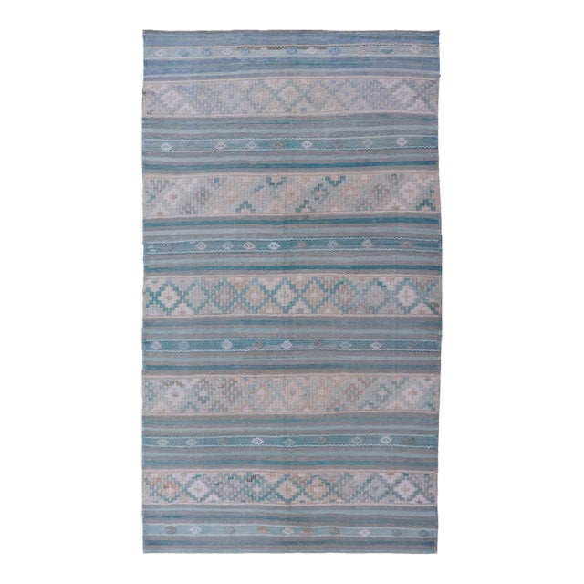 Turkish Flat-Weave Kilim in Soft Colors With Stripes and Embroideries For Sale