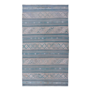 Turkish Flat-Weave Kilim in Soft Colors With Stripes and Embroideries