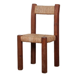 Vintage French Wood Straw-Seated Chair, 1950 For Sale