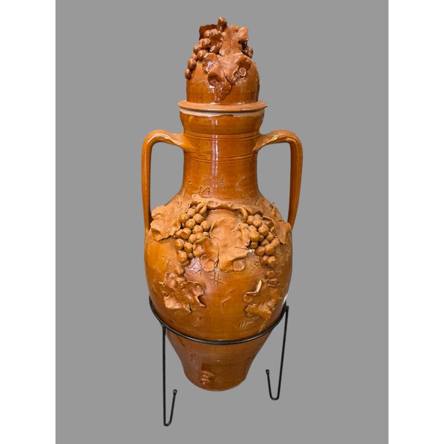 Antique Italian Terra Cotta Covered Urn Vase Grape Vine Relief 2 Handle Decorative Jar For Sale - Image 12 of 12