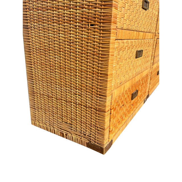 Vintage Wicker Rattan Pair of Chest of Drawers Dressers With Brass Campaign Style Hardware For Sale - Image 9 of 13