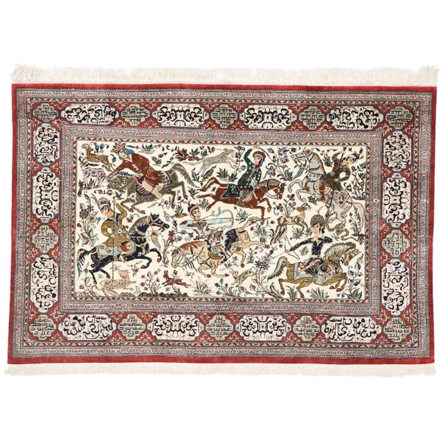 Vintage Persian Silk Qum Hunting Rug - 03'04 X 05'00 For Sale - Image 9 of 9