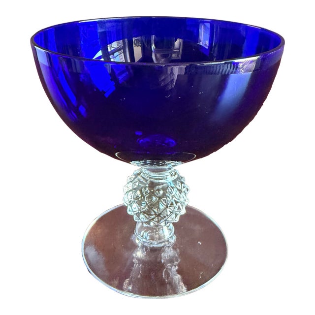 Morgantown Antique Art Deco Ritz Cobalt Blue Golf Ball Patterned Sherbet / Champagne Coupes With Clear Stem Introduced in 1928. For Sale