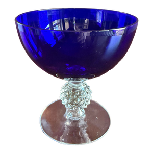 Morgantown Antique Art Deco Ritz Cobalt Blue Golf Ball Patterned Sherbet / Champagne Coupes With Clear Stem Introduced in 1928.