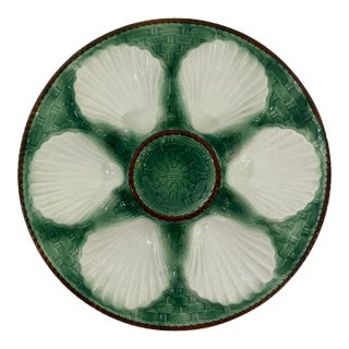 Antique 1920s French Longchamp Majolica Green and White Oyster Plate For Sale
