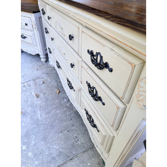 French Country Ornate French Country Linen Bisque Dresser, Trifold Mirror & Nightstands For Sale - Image 3 of 9