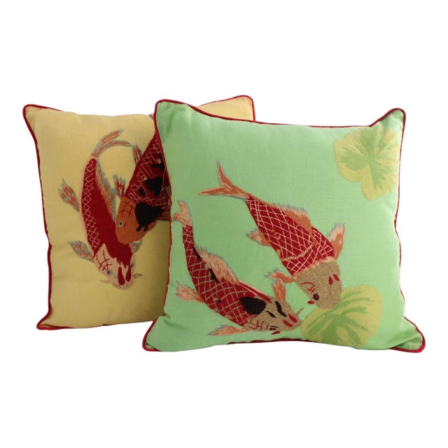Vibrant Pair of Koi Fish Hand Embroidered Pillow Covers 21" Square, Good Fortune For Sale