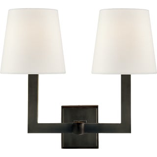 Chapman & Myers for Visual Comfort Signature Square Tube Double Sconce in Bronze with Linen Shades For Sale