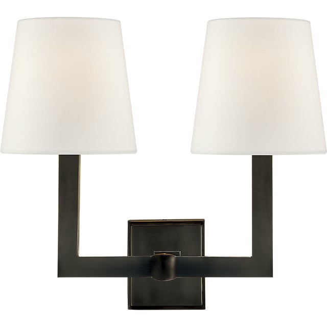 Chapman & Myers for Visual Comfort Signature Square Tube Double Sconce in Bronze with Linen Shades For Sale