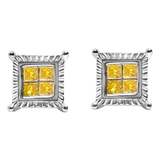 .925 Sterling Silver 1/2 Cttw Yellow Princess Diamond Quad Stud Earring For Sale