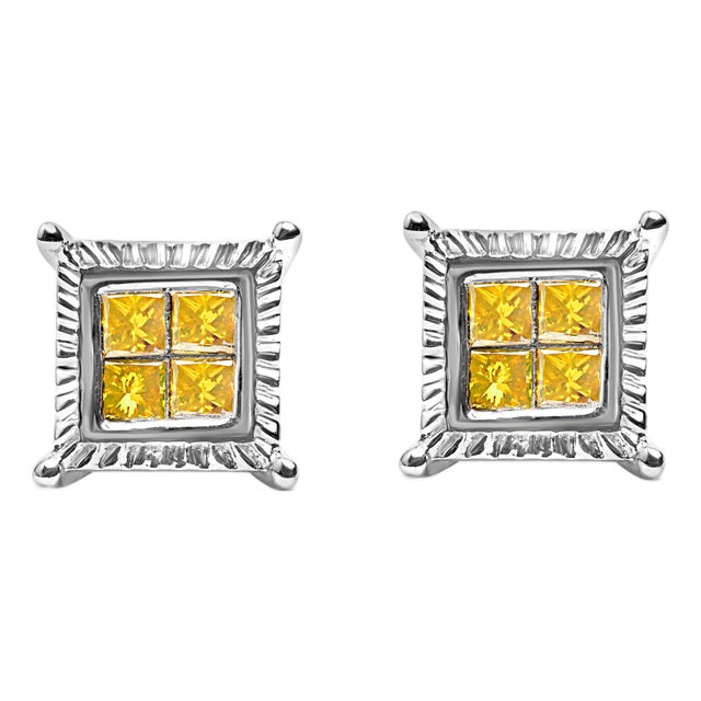 .925 Sterling Silver 1/2 Cttw Yellow Princess Diamond Quad Stud Earring For Sale