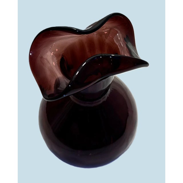 Glass Hand‑Blown Amethyst Art Glass Vase With Ruffled Rim For Sale - Image 7 of 8