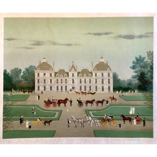 Michel Delacroix, Hand signed Folk Art Naive lithograph on Japon Paper Paris French Country Scene For Sale