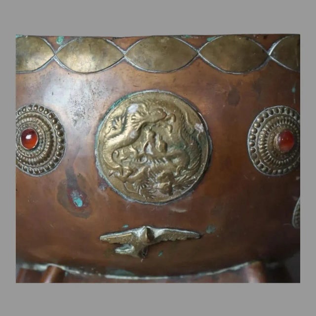 Antique Tibetan Style Jeweled Mixed Metal Copper & Brass Ceremonial Bowl, Late 19th Century For Sale - Image 6 of 12