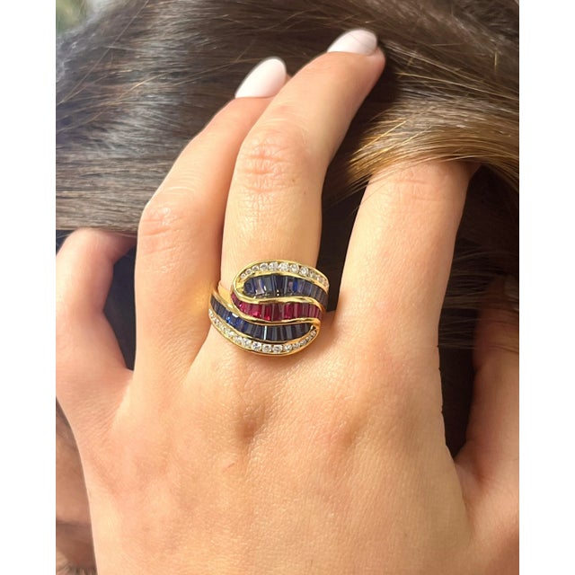 Multi-Gem 3 Carat Baguette-Cut Cluster Ruby, Sapphire, & Diamond Channel Set Rin, Size 7.5 For Sale - Image 10 of 10