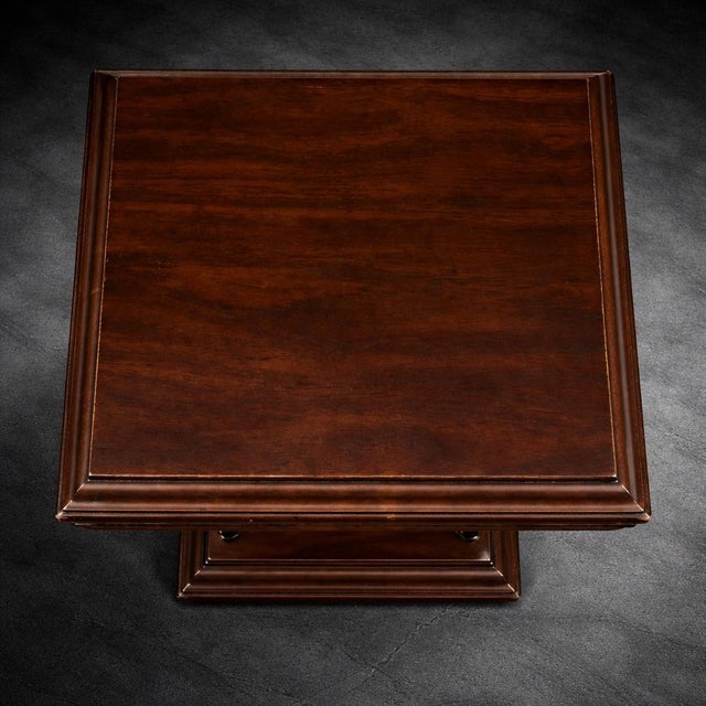 Vintage Solid Wood Square Pedestal Side Table With Carved Base – Traditional Accent Table For Sale - Image 4 of 7