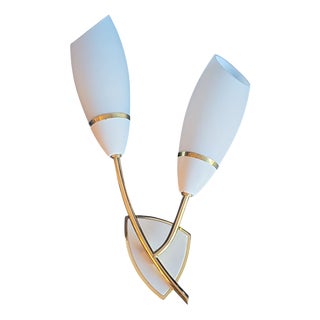 Vintage Wall Lamp with White Lacquered Metal Frame and Opaque White Glass Shades, 1970s For Sale