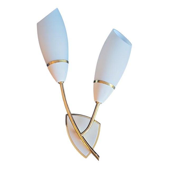 Vintage Wall Lamp with White Lacquered Metal Frame and Opaque White Glass Shades, 1970s For Sale