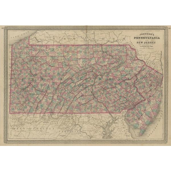 Antique map titled 'Johnson's Pennsylvania and New Jersey'. Original map showing Pennsylvania and New Jersey. This map...