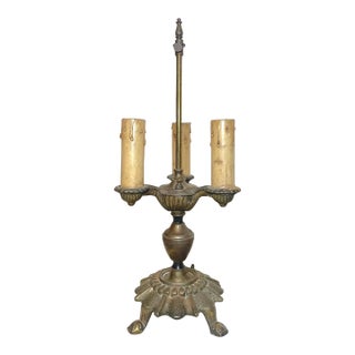 Antique Ornate Art Deco Gold Toned Cast Iron Electric Candelabra Table Lamp For Sale