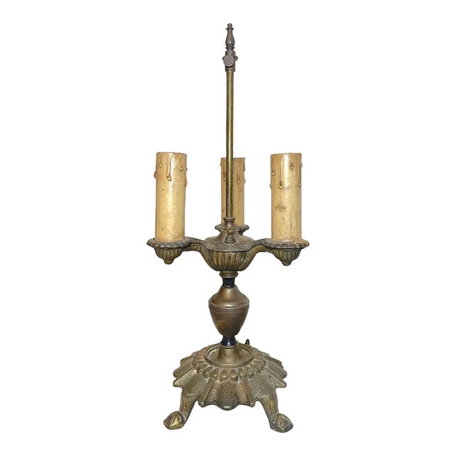 Antique Ornate Art Deco Gold Toned Cast Iron Electric Candelabra Table Lamp For Sale