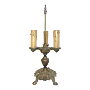 Antique Ornate Art Deco Gold Toned Cast Iron Electric Candelabra Table Lamp