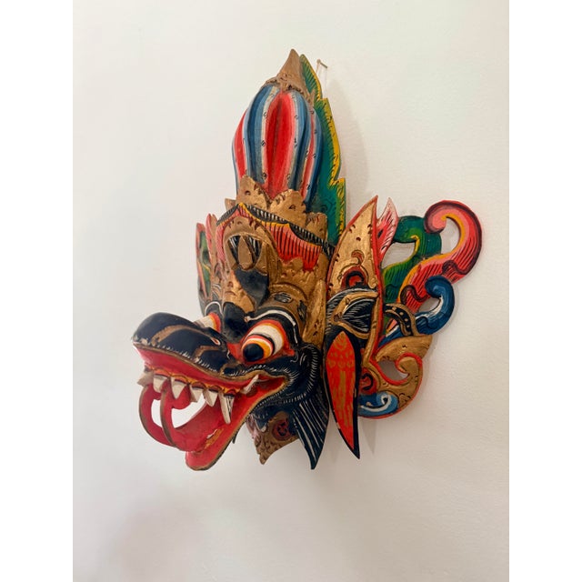 Asian Vintage Indonesian Hand Carved Painted Wood Barong Garuda Mask For Sale - Image 3 of 12