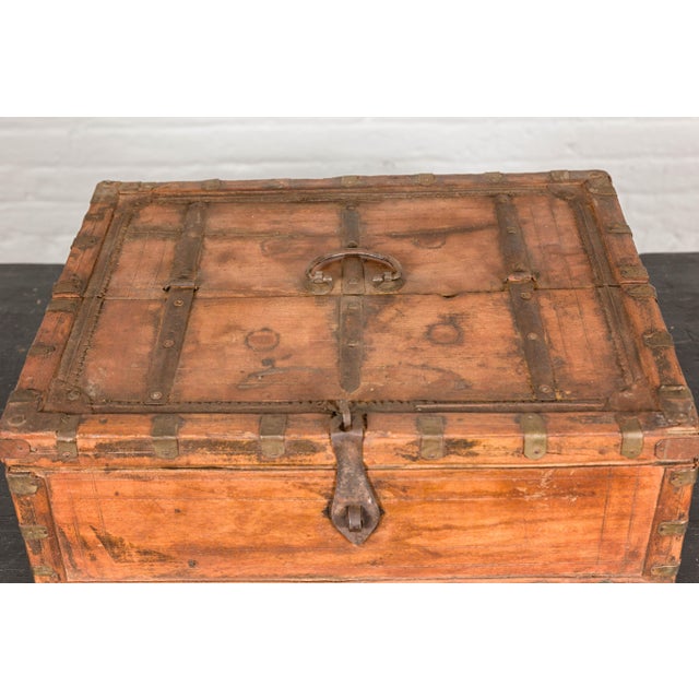 Rustic Indian Document Wooden Box with Brass Details and Partial Opening Top For Sale - Image 10 of 12
