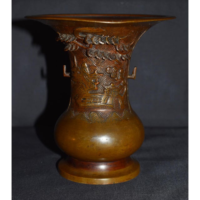 Metal Antique Japanese Bronze Vase With Figural and Landsape Motif For Sale - Image 7 of 14