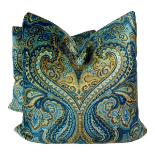 Lee Jofa "Carswell Velvet" in Marine/Sky 22" Pillows-a Pair For Sale