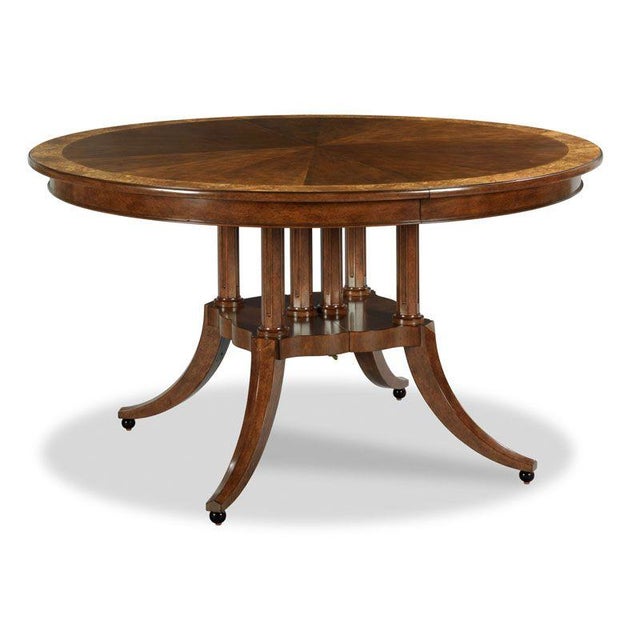 Modern 54 Inch Round Inlaid Walnut Pedestal Dining Table With Leaves Seats 4 to 8 People For Sale - Image 3 of 14