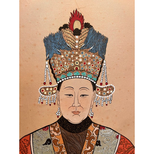 Red Early 20th Century Antique Large Scale Chinese Ancestor Portraits Painted on Silk - A Pair For Sale - Image 8 of 12