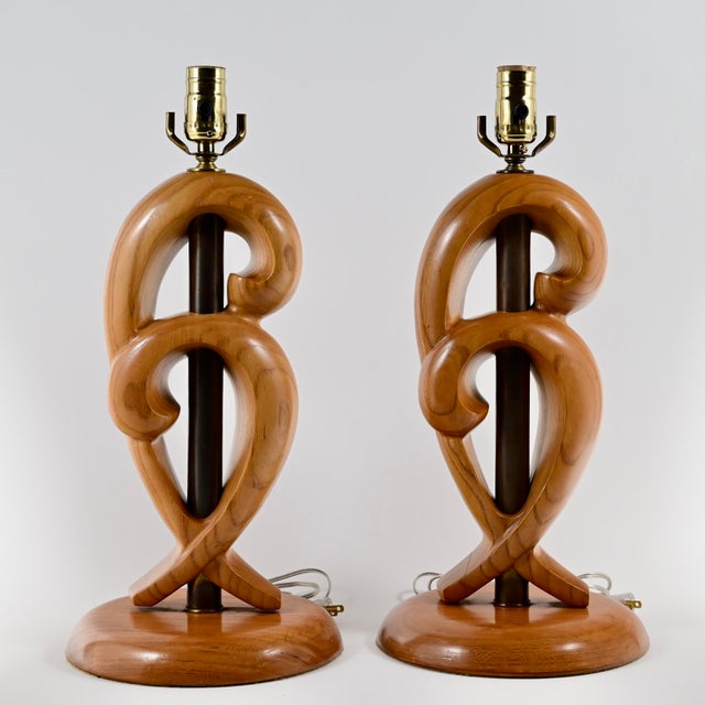 Mid-Century Modern Vintage Mid Century Modern Yasha Heifetz Table Lamps, Sculpted From Fruitwood With Antique Brass Center - a Pair For Sale - Image 3 of 15