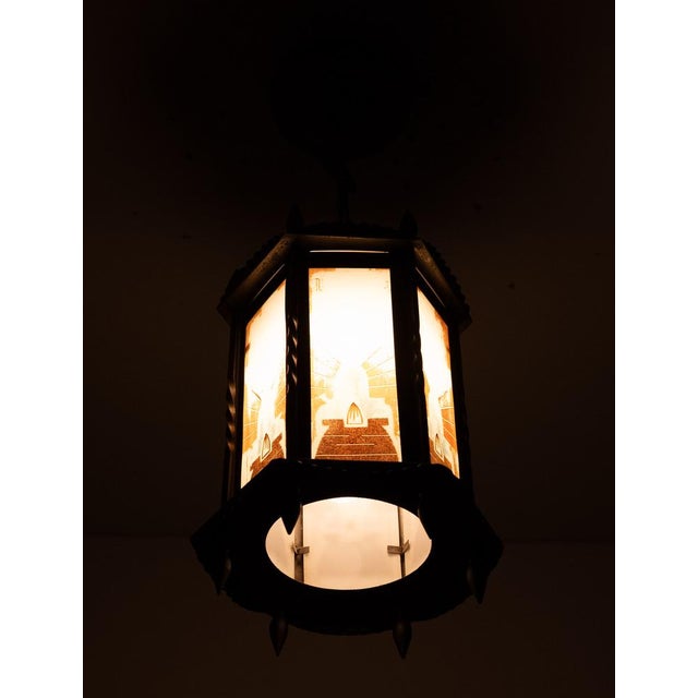 Amsterdam School Art Deco Hexagonal Hallway Lamp with Painted Glass, 1920 For Sale - Image 6 of 14