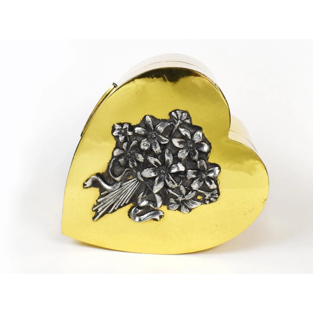 Mid-Century Modern Vintage Gold Brass Heart Shape Trinket Jewelry Box With Flower For Sale - Image 3 of 11