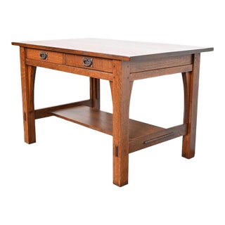 Gustav Stickley Antique Mission Oak Arts & Crafts Writing Desk or Library Table, Newly Refinished For Sale