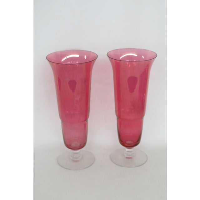 Mid-Century Modern Pink Flash Optic Glass Footed Vases Pair of 2 Mid Century Modern Style 5078b For Sale - Image 3 of 13