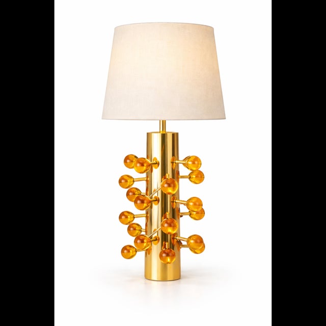 Metal Table Lamps in Polished Brass and Amber Glass from Justfurnituress SRL, Set of 2 For Sale - Image 7 of 10