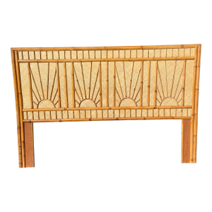 1970s Vintage Grasscloth and Bamboo Sunburst Queen Headboard