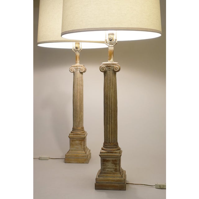 Modern 1930s Neoclassical Ionic Column Plaster Table Lamps XL 44" - a Pair For Sale - Image 3 of 9