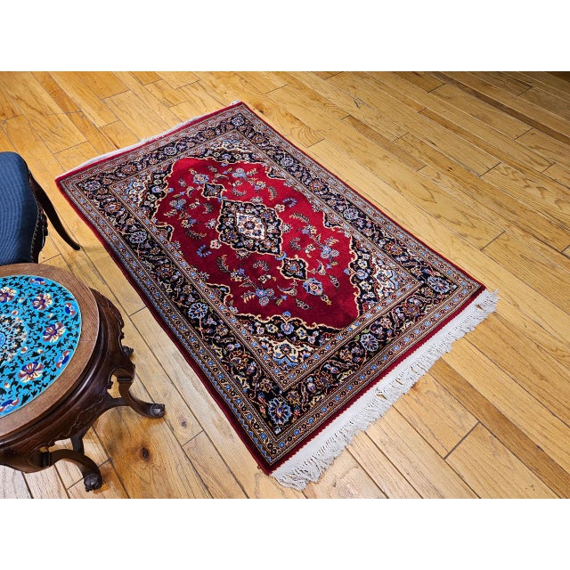 Vintage Persian Kashan Rug, Hand-Knotted Wool, Floral Pattern, Red & Navy, 4x6 For Sale - Image 9 of 17