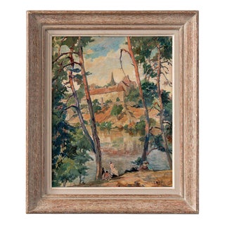 French School Artist, Lakeside Scene, Oil Painting on Board, 1944 For Sale