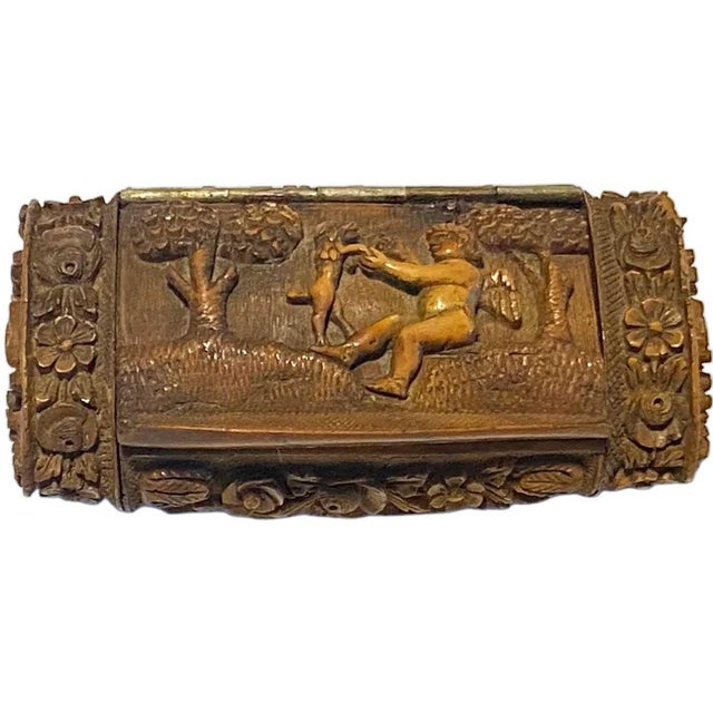 Folk Art French Folk Art Corozo (Tagua Nut) Carved Cherub and Dog Snuff Box For Sale - Image 3 of 8