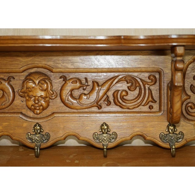 Dutch Oak Ornately Carved Cherub Wall Rack with Hanger Royal Hooks For Sale - Image 5 of 15